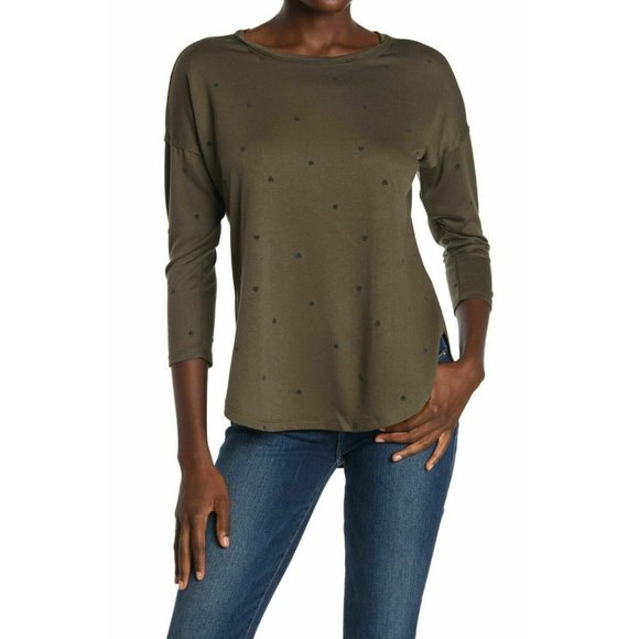 BOBEAU ¾ Sleeve Heather Olive Hearts & Dots Top - NWT - XS - Picture 1 of 2